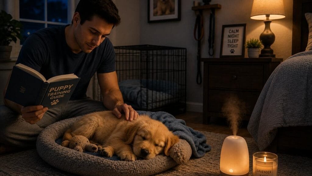 Owner establishing calm bedtime routine to help puppy during sleep regression.