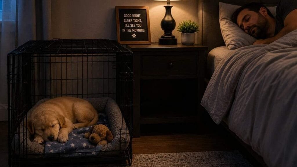 Puppy crate positioned beside owner's bed for first-night security.