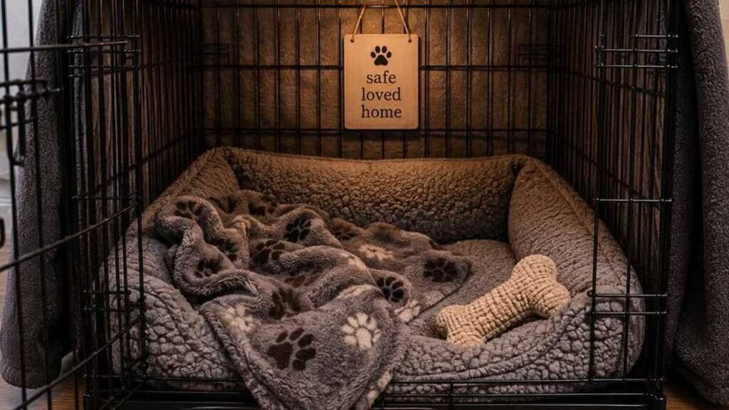 Properly prepared puppy crate with comfortable bedding and safe toys.