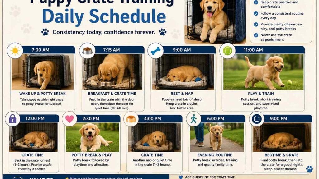Puppy crate training daily schedule infographic