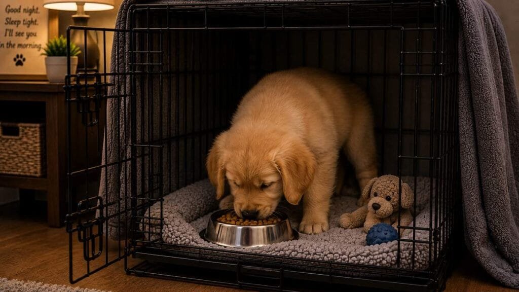 Puppy eating meal inside crate during training