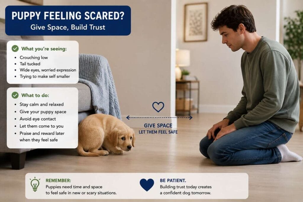 Owner giving space to scared puppy without forcing interaction