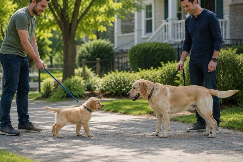 Puppy safely meeting a calm vaccinated dog