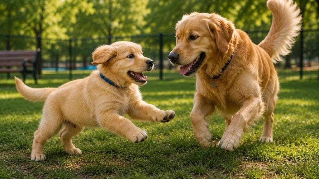 Confident puppy socializing with another dog