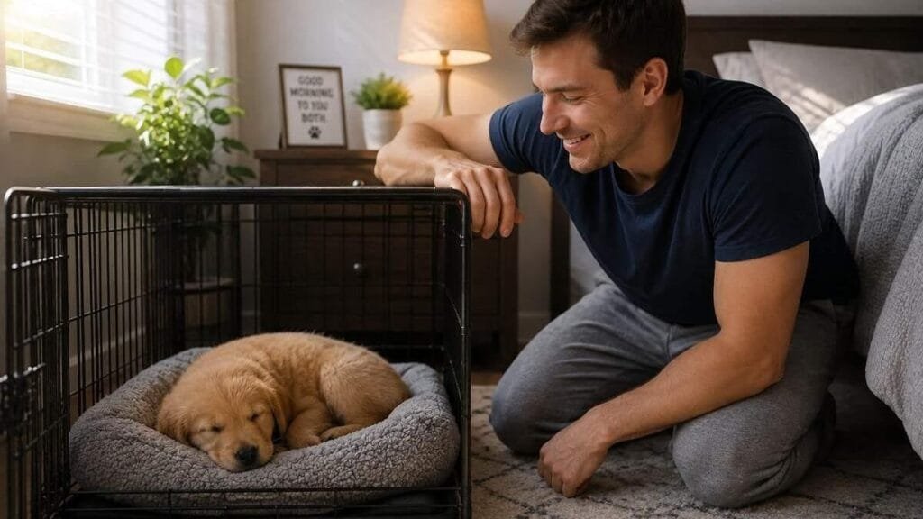Puppy owner satisfied after successful first night of puppy sleep.