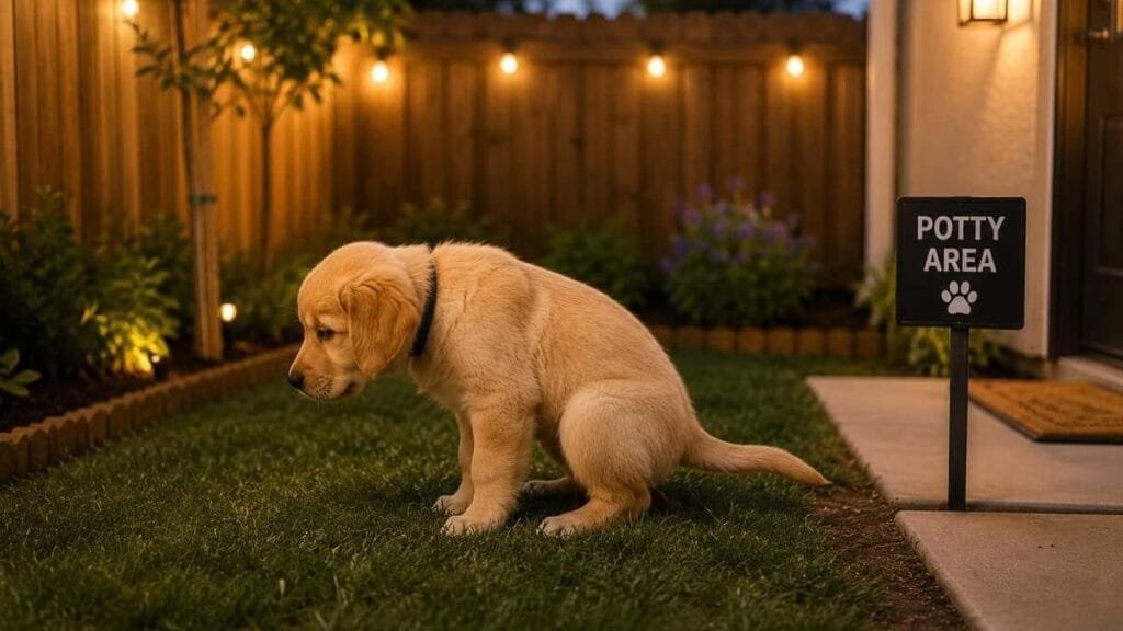 Puppy taking pre-bedtime potty break before crate sleep.