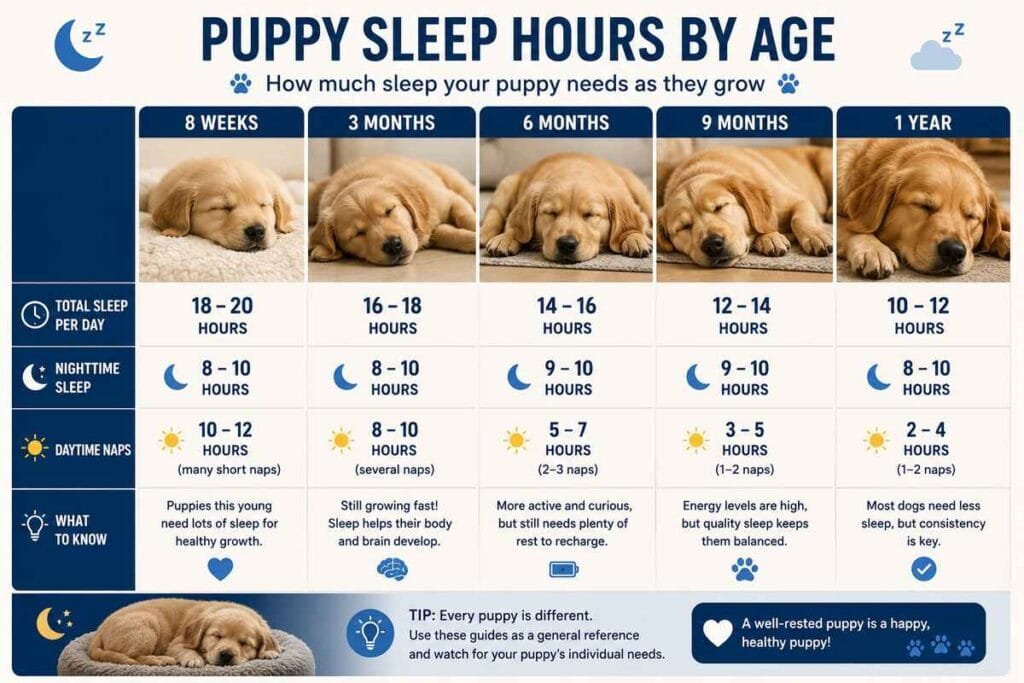 Puppy sleep chart showing recommended sleep hours by age