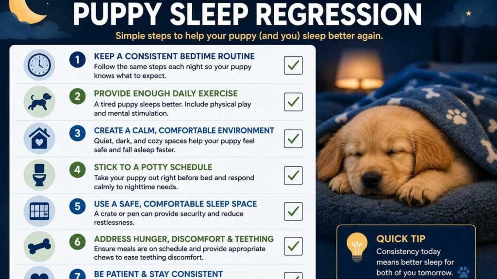Comparison chart: healthy puppy sleep routine vs disrupted routine during regression.