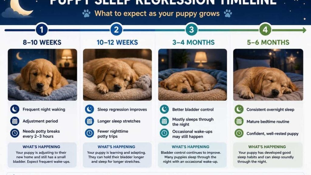 Timeline showing puppy sleep regression at different ages from 8 weeks to 6 months.