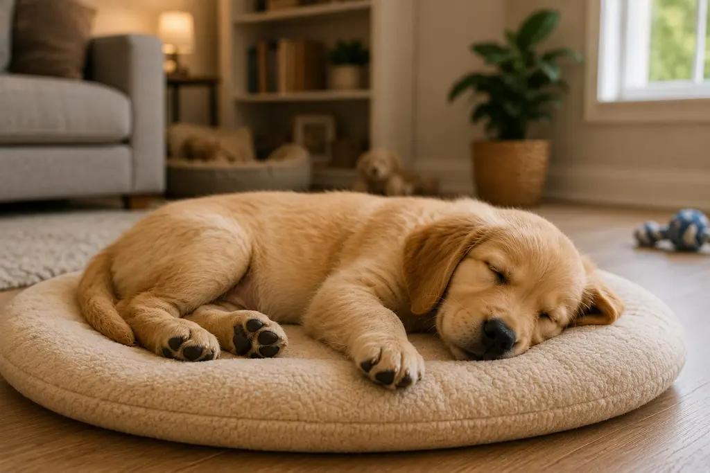Healthy puppy sleeping after exercise and playtime