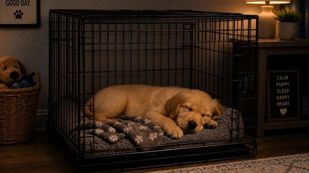 Puppy sleeping comfortably in a crate at night
