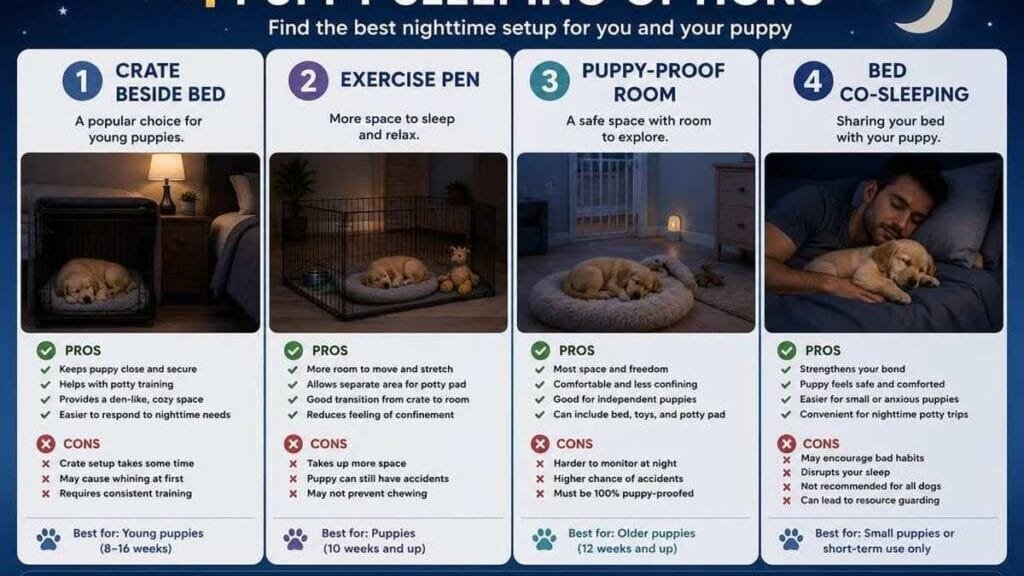 Comparison of first-night puppy sleeping options with pros and cons.