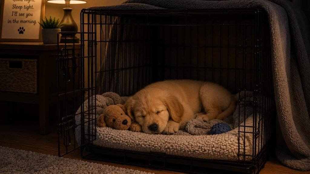 Puppy sleeping peacefully in crate at night
