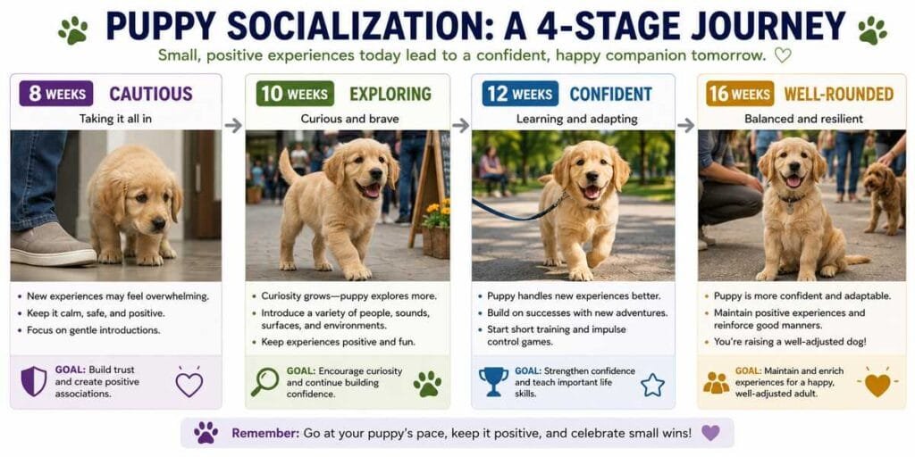 Puppy confidence progression from 8 weeks to 16 weeks