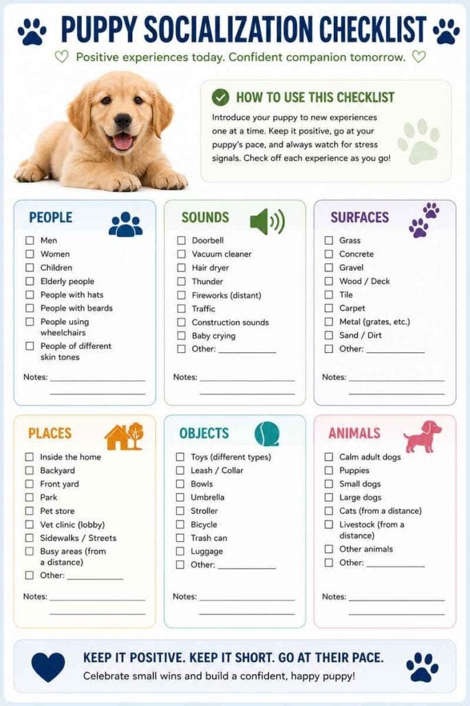 Downloadable/printable puppy socialization checklist format