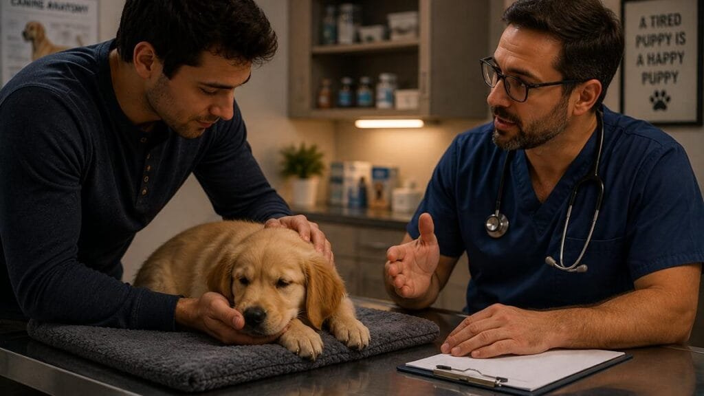 Owner consulting a veterinarian about a puppy with sleep problems