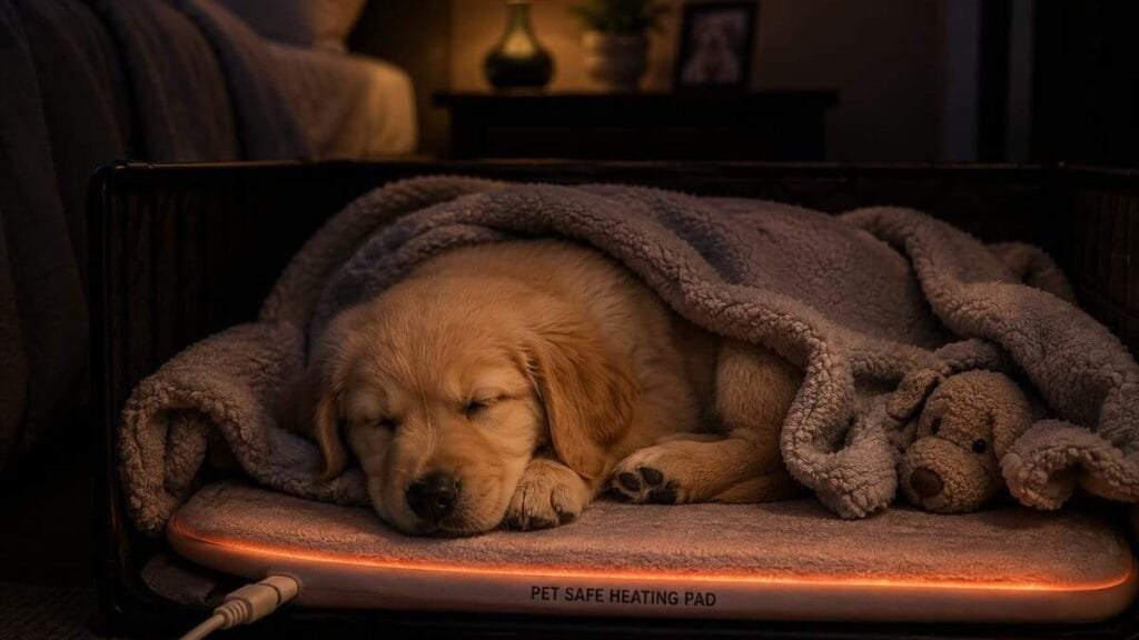 Puppy staying warm with blankets and pet-safe heating pad during first night."