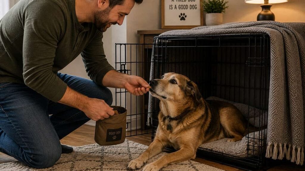 Owner rewarding rescue dog with treats near the crate
