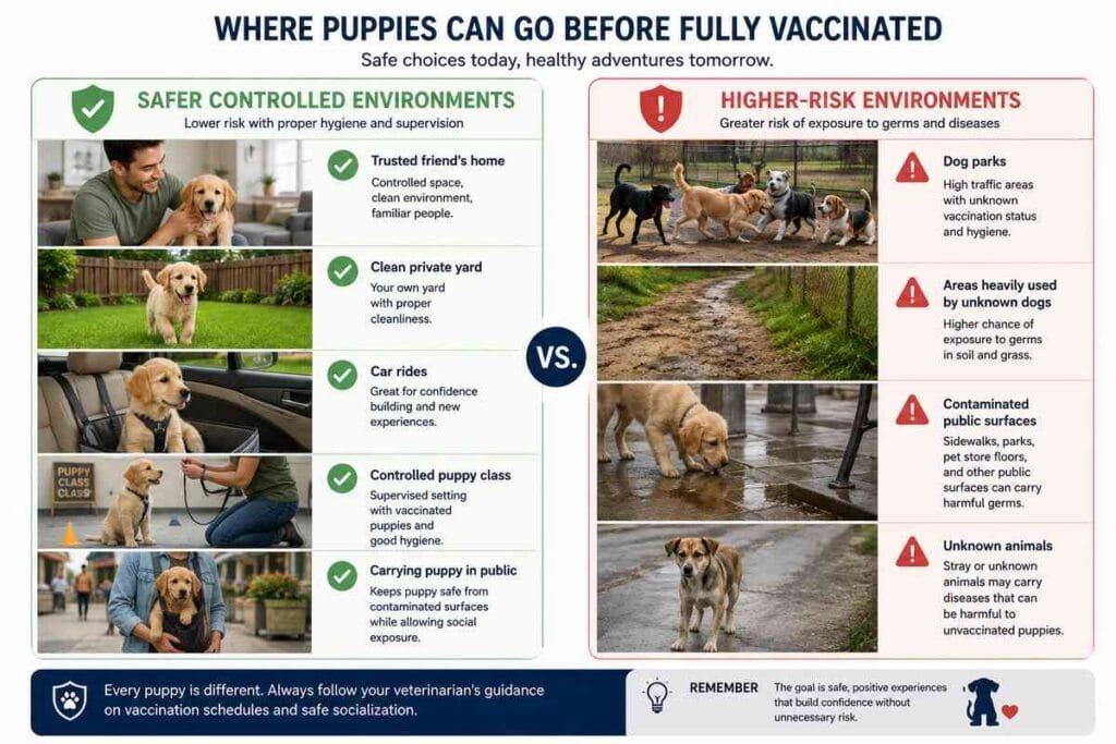 Safe and unsafe places for an unvaccinated puppy