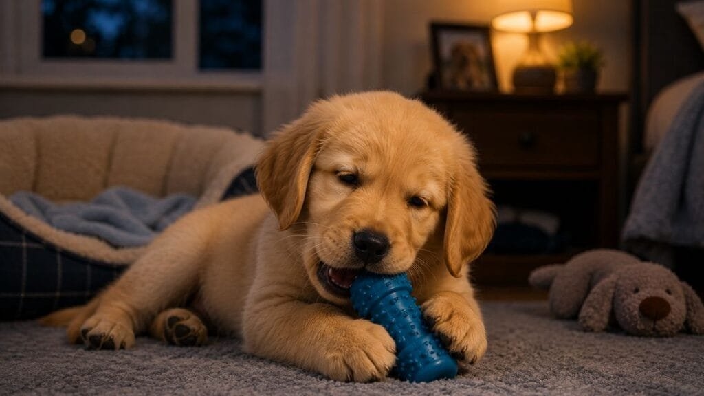 Teething puppy chewing toy before bedtime during sleep regression phase.