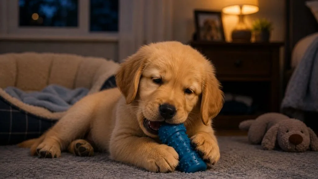 Teething puppy chewing toy before bedtime during sleep regression phase.