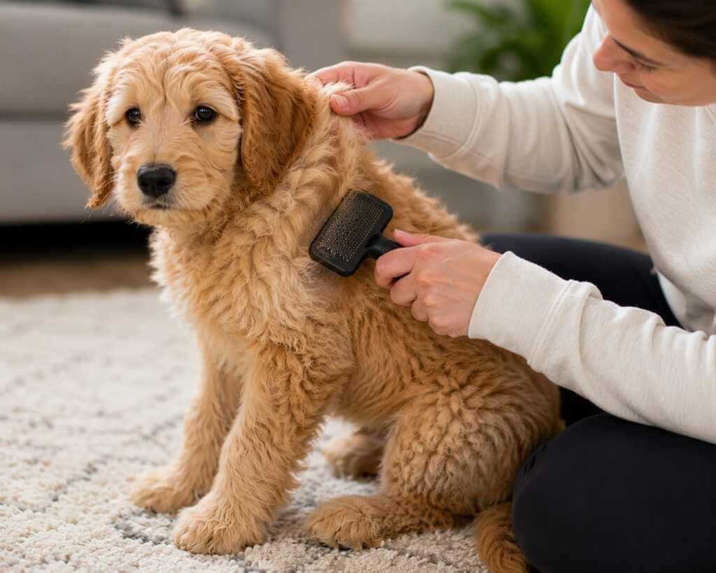 brushing goldendoodle puppy for mats