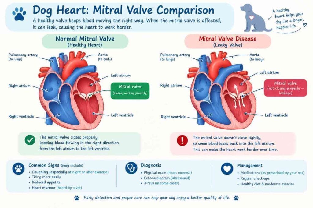 Cavapoo mitral valve disease diagram showing normal and affected valve
